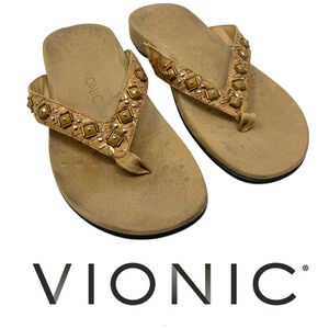 Vionic Floriana Sz 8 Cork Embellished Beaded Thong Flip Flops Comfort Sandals